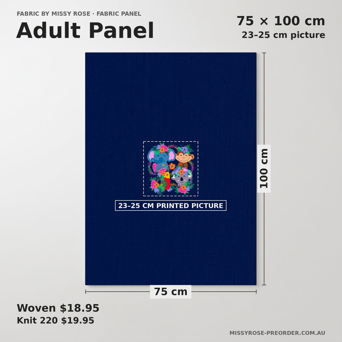 Design 131 Navy Jungle Animals Panel adult panel sizing – 23–25 cm printed picture on 75 × 100 cm fabric | Fabric by Missy Rose