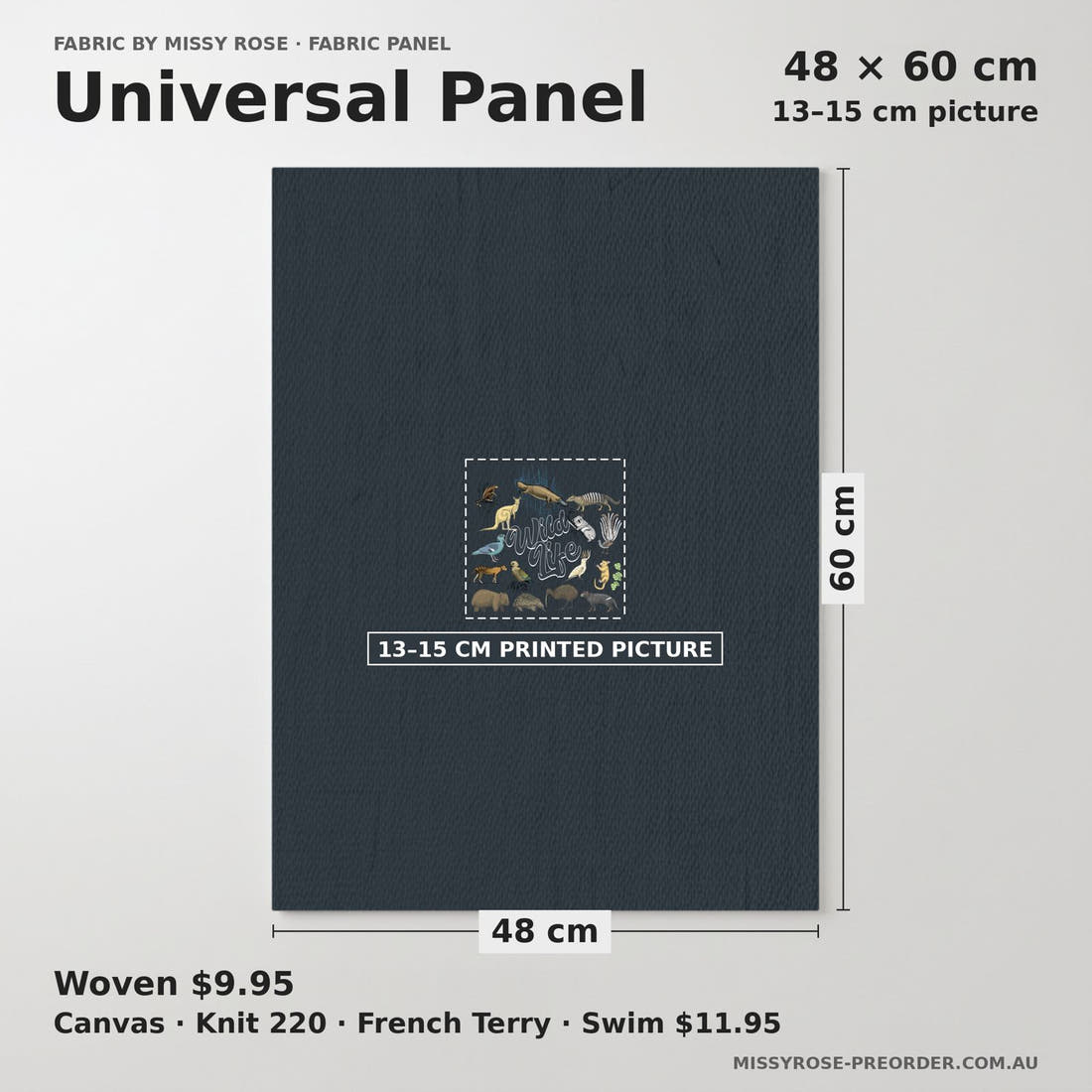 Design 132 Wildlife Panel universal panel sizing – 13–15 cm printed picture on 48 × 60 cm fabric | Fabric by Missy Rose