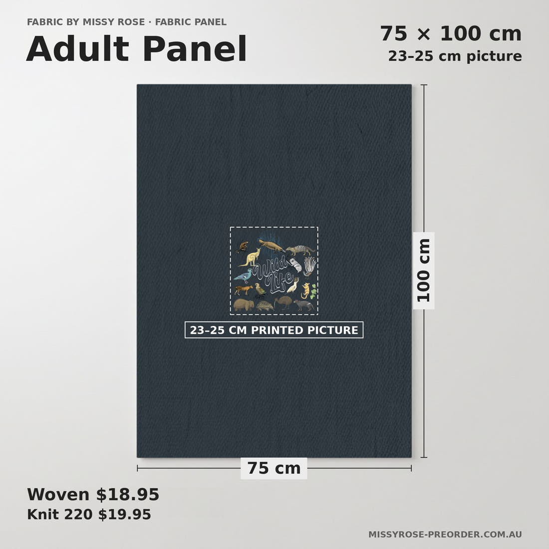Design 132 Wildlife Panel adult panel sizing – 23–25 cm printed picture on 75 × 100 cm fabric | Fabric by Missy Rose