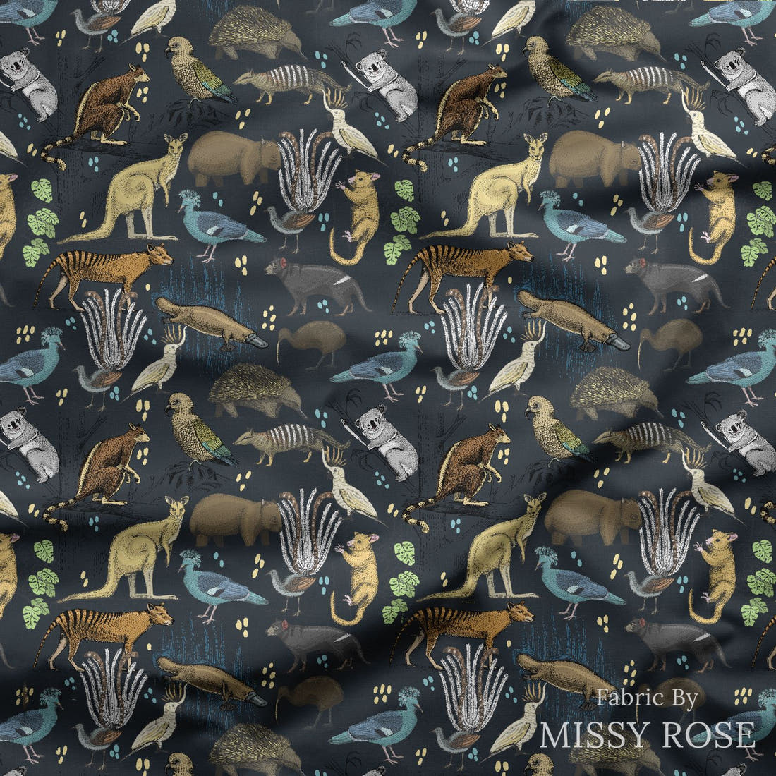 Design 132 Wildlife Fabric draped fabric mockup – custom printed fabric by the metre | Fabric by Missy Rose