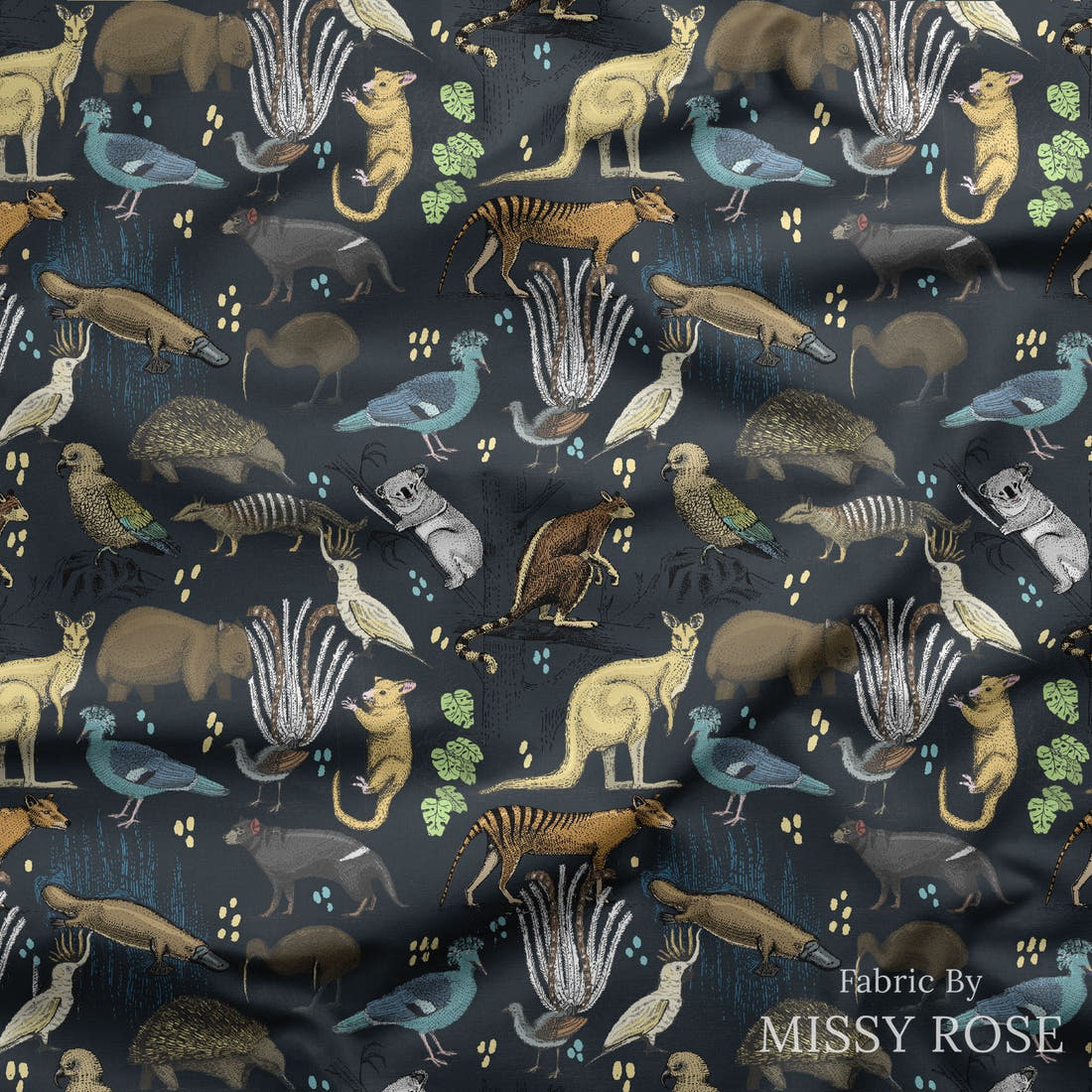 Design 132 Wildlife Fabric draped fabric mockup – custom printed fabric by the metre | Fabric by Missy Rose