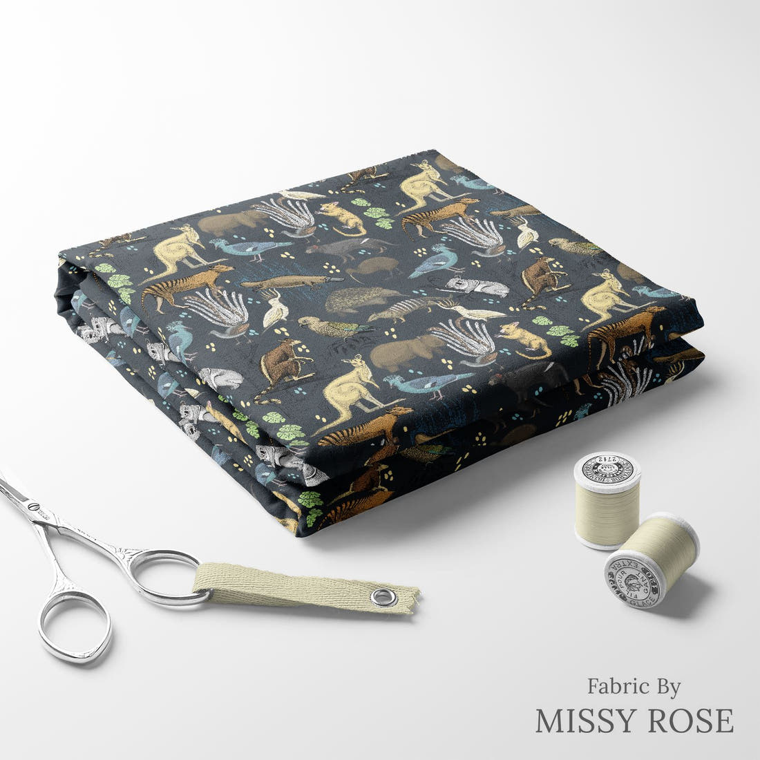 Design 132 Wildlife Fabric folded fabric stack with matching thread – pre-order fabric Australia | Fabric by Missy Rose