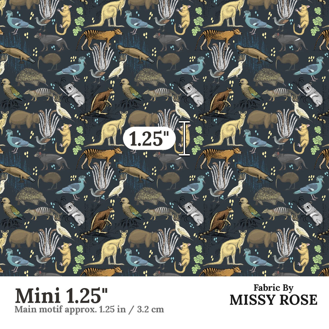 Design 132 Wildlife Fabric Mini 1.25" - print scale | Fabric by Missy Rose