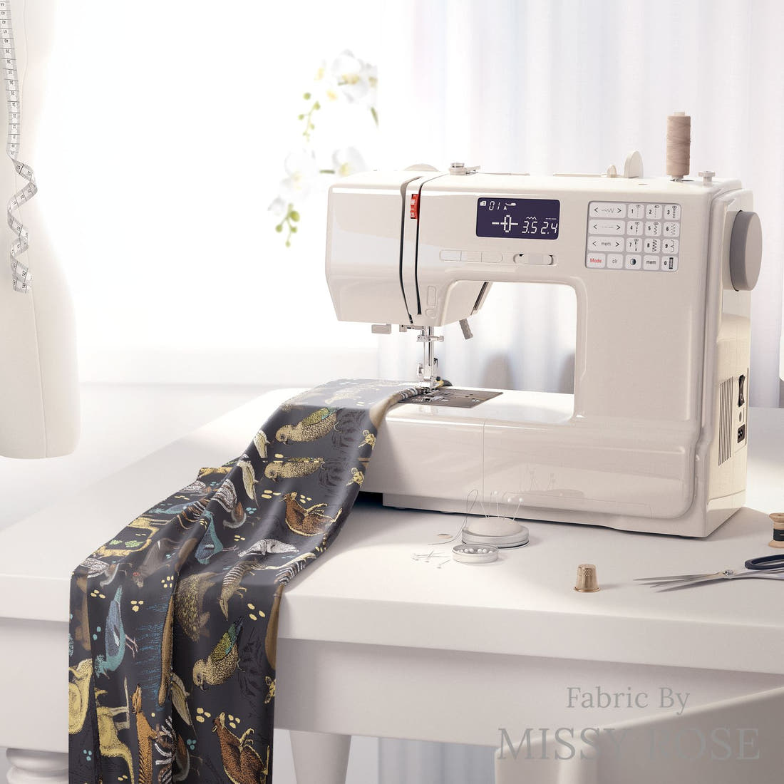 Design 132 Wildlife Fabric on a sewing machine – premium fabric for sewing projects | Fabric by Missy Rose