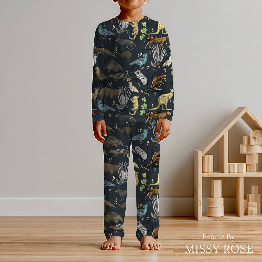 Design 132 Wildlife Fabric sewn into kids' pyjamas – see how the print looks made up | Fabric by Missy Rose