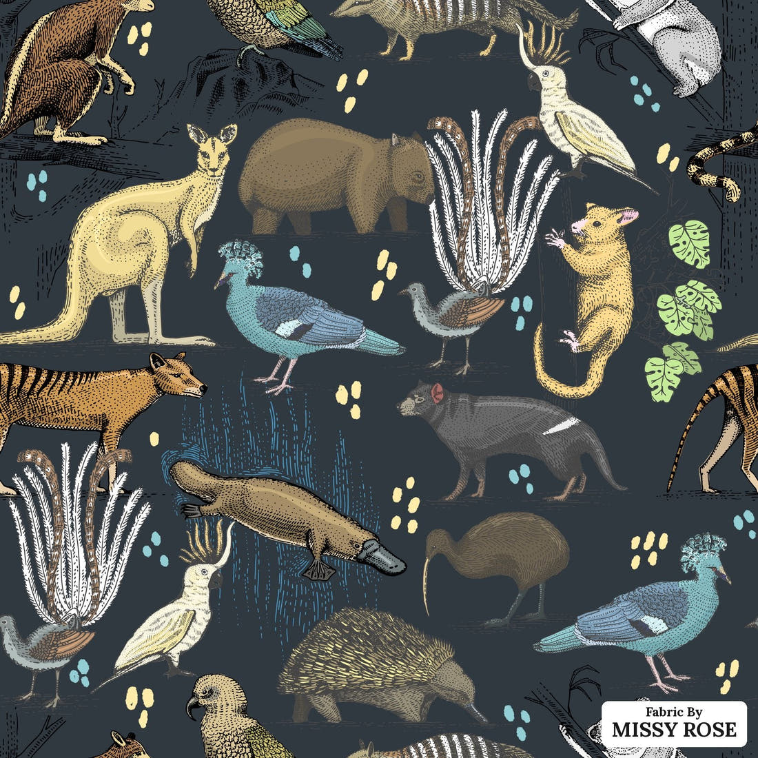 Design 132 Wildlife Fabric - flat view of the print, zoom in for detail | Fabric by Missy Rose