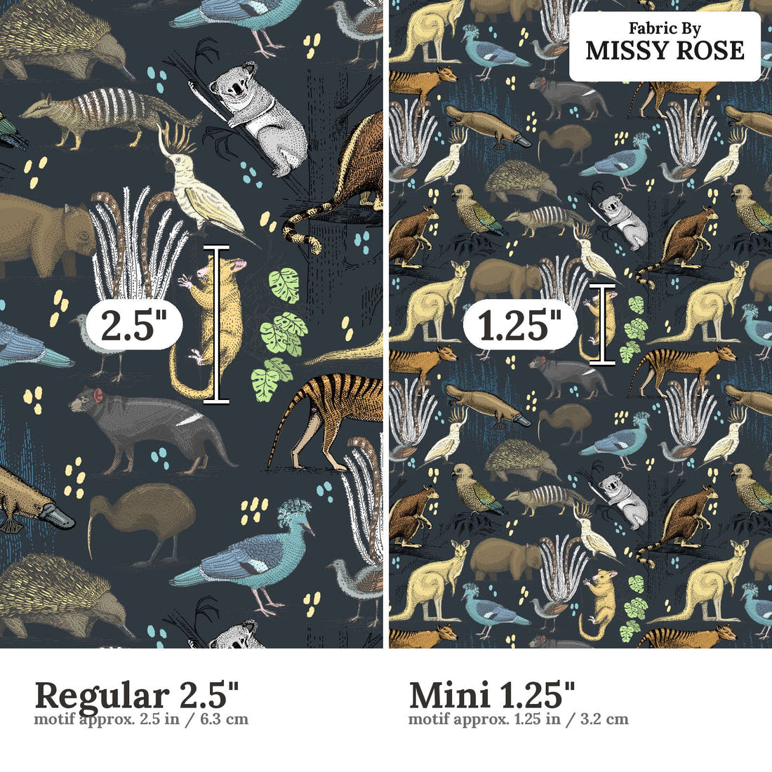 Design 132 Wildlife Fabric size comparison - print scale | Fabric by Missy Rose
