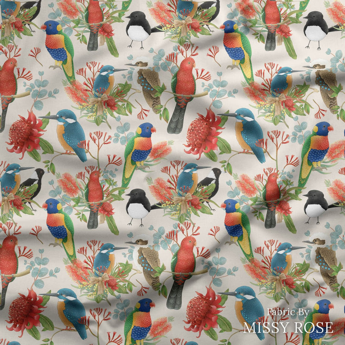 Design 133 Australian Birds Fabric draped fabric mockup – custom printed fabric by the metre | Fabric by Missy Rose