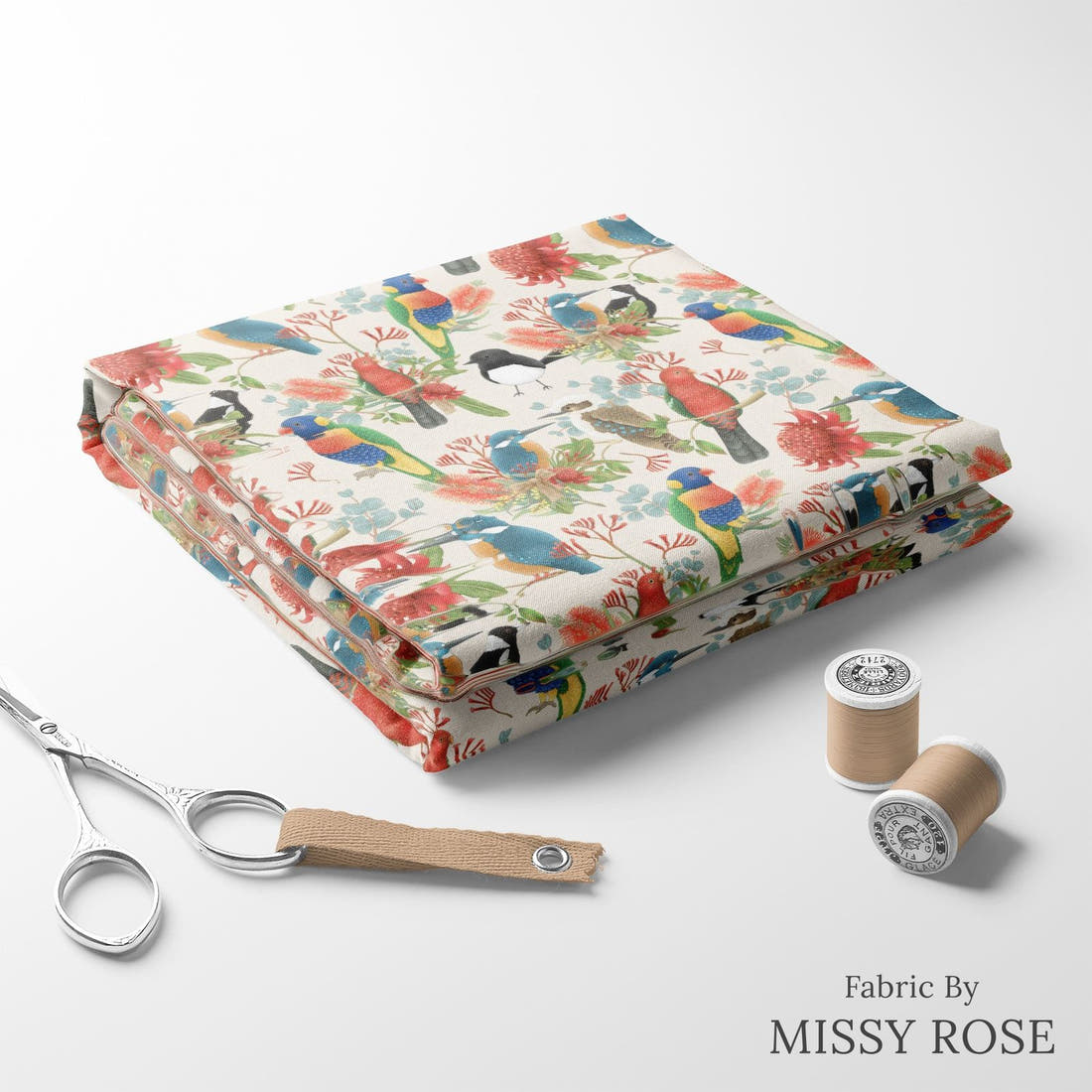 Design 133 Australian Birds Fabric folded fabric stack with matching thread – pre-order fabric Australia | Fabric by Missy Rose