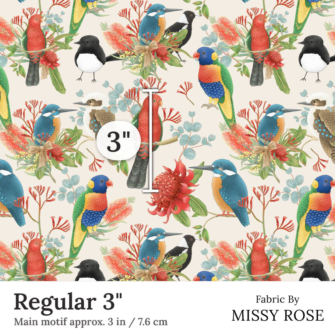 Design 133 Australian Birds Fabric Regular 3 inch print scale guide | Fabric by Missy Rose
