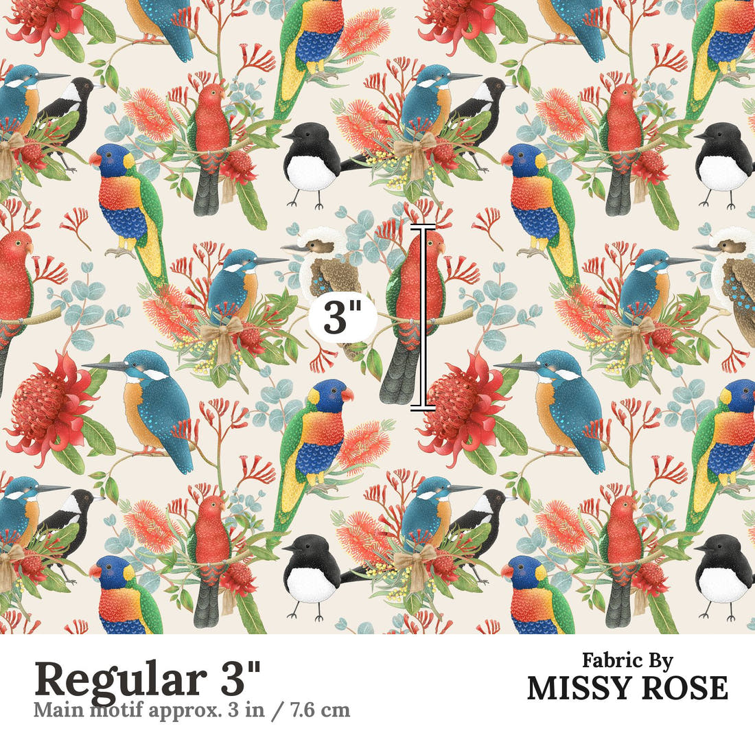 Design 133 Australian Birds Fabric Regular 3" - print scale | Fabric by Missy Rose