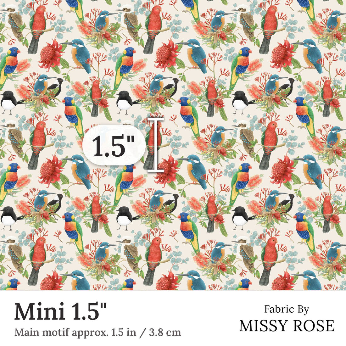 Design 133 Australian Birds Fabric Mini 1.5 inch print scale guide | Fabric by Missy Rose