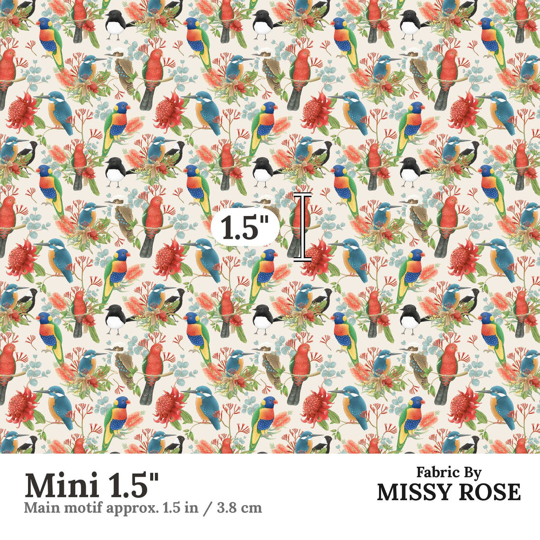 Design 133 Australian Birds Fabric Mini 1.5" - print scale | Fabric by Missy Rose