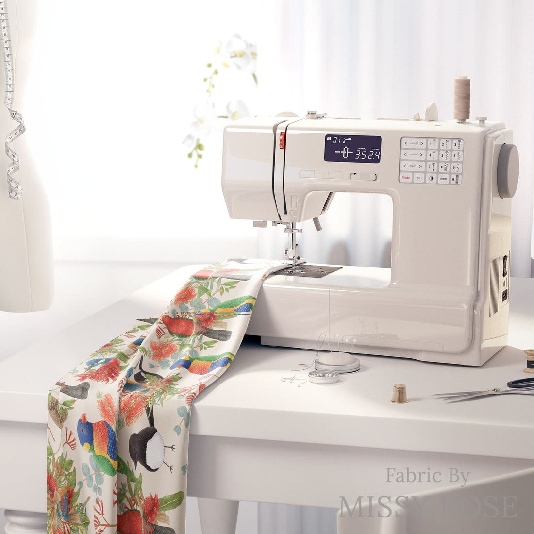 Design 133 Australian Birds Fabric on a sewing machine – premium fabric for sewing projects | Fabric by Missy Rose