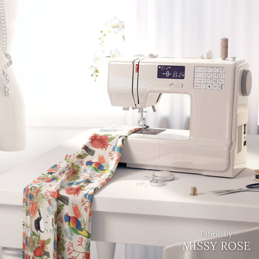 Design 133 Australian Birds Fabric on a sewing machine – premium fabric for sewing projects | Fabric by Missy Rose