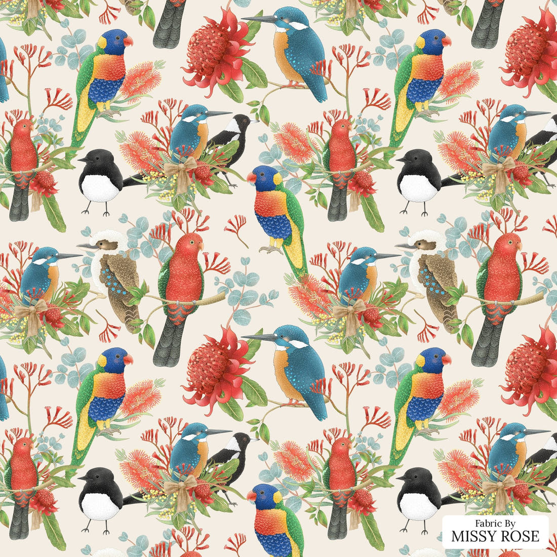 Design 133 Australian Birds Fabric - flat view of the print, zoom in for detail | Fabric by Missy Rose
