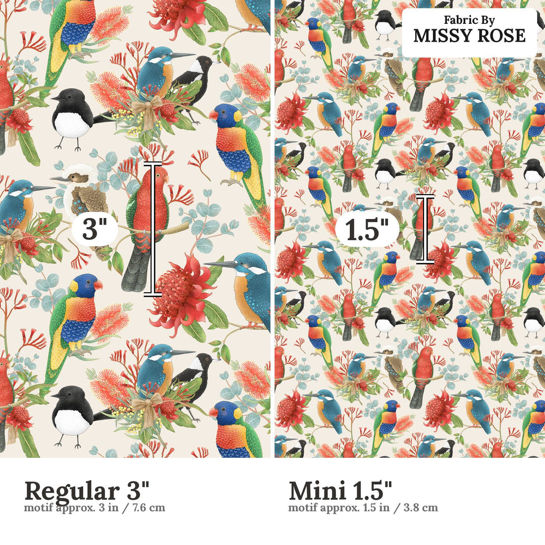 Design 133 Australian Birds Fabric size comparison - print scale | Fabric by Missy Rose