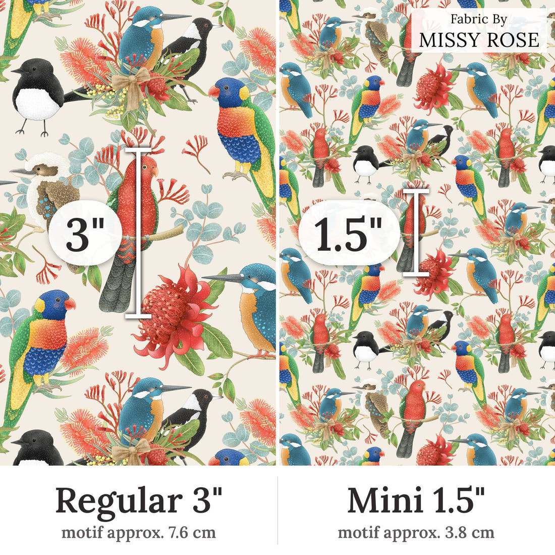 Design 133 Australian Birds Fabric Regular 3 inch vs Mini 1.5 inch print scale side by side | Fabric by Missy Rose