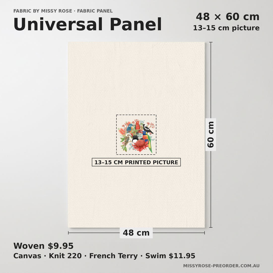 Design 133 Australian Birds Panel universal panel sizing – 13–15 cm printed picture on 48 × 60 cm fabric | Fabric by Missy Rose