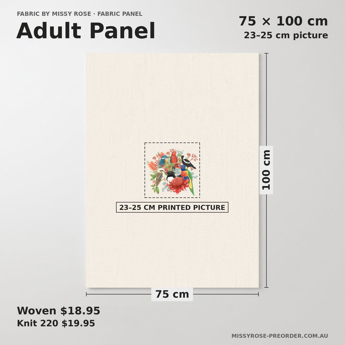 Design 133 Australian Birds Panel adult panel sizing – 23–25 cm printed picture on 75 × 100 cm fabric | Fabric by Missy Rose