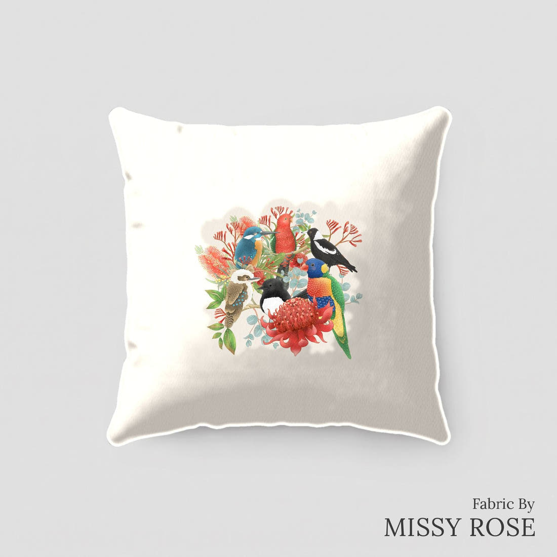 Design 133 Australian Birds Panel sewn into a cushion – see how the panel looks made up | Fabric by Missy Rose