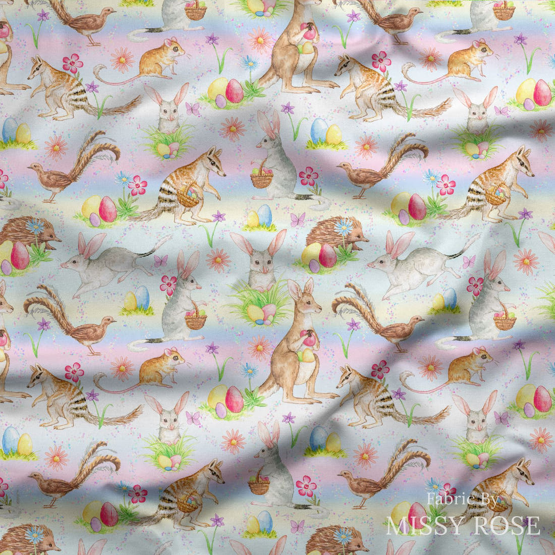 Design 134 Aussie Easter Fabric draped fabric mockup – custom printed fabric by the metre | Fabric by Missy Rose