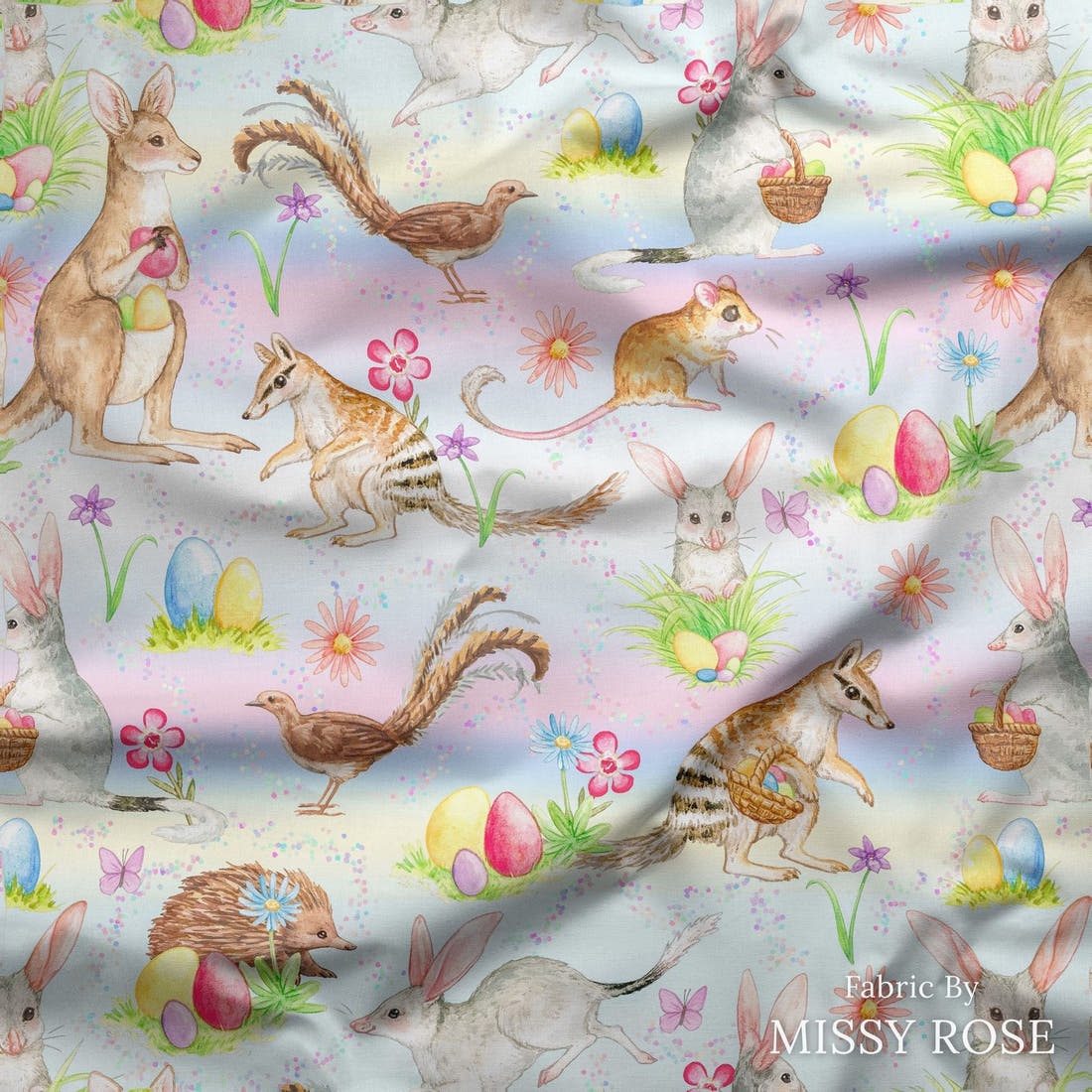 Design 134 Aussie Easter Fabric draped fabric mockup – custom printed fabric by the metre | Fabric by Missy Rose