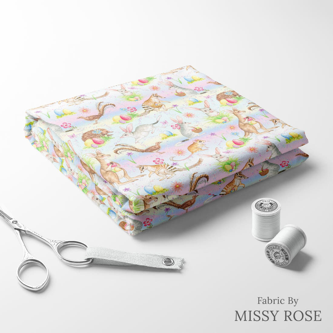 Design 134 Aussie Easter Fabric folded fabric stack with matching thread – pre-order fabric Australia | Fabric by Missy Rose