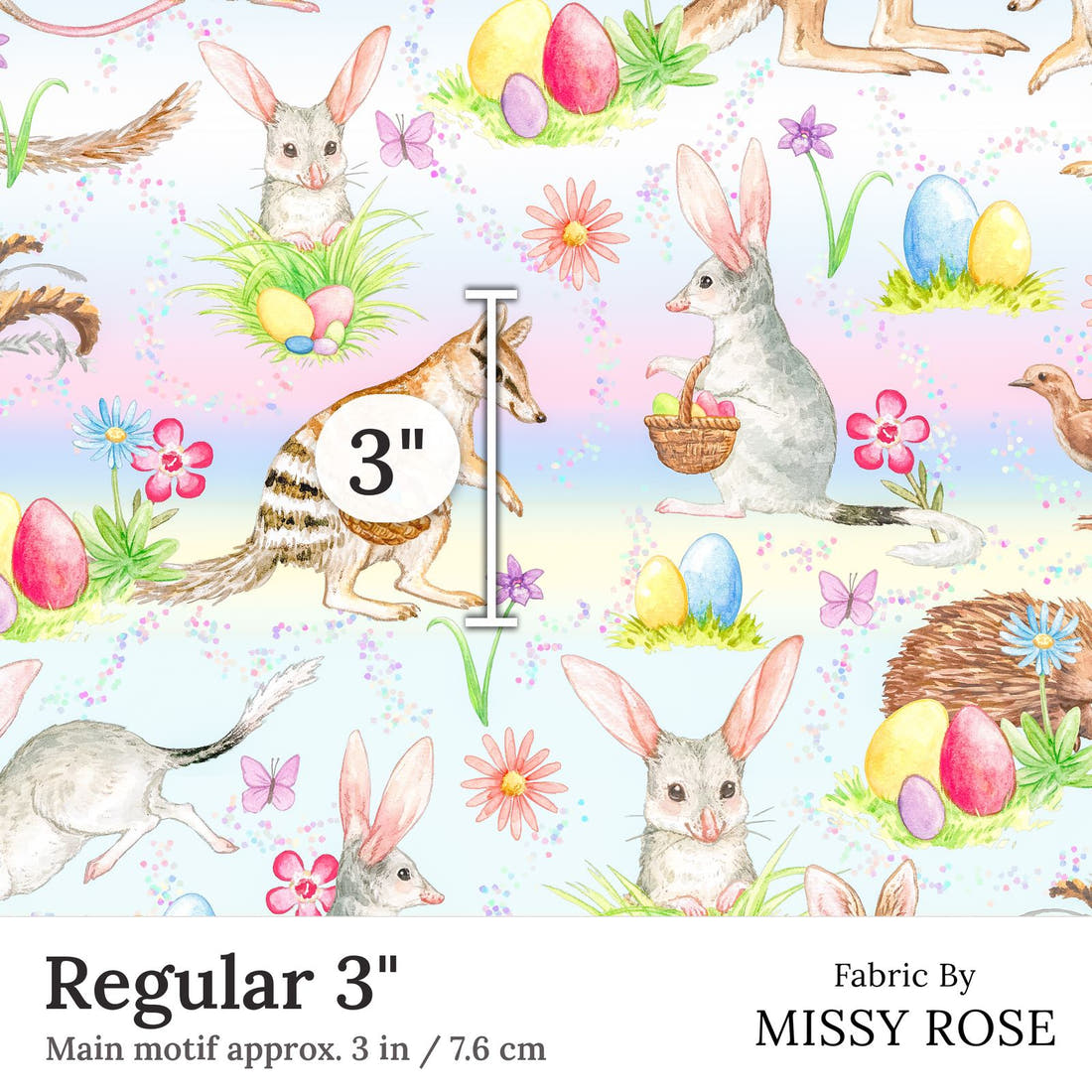 Design 134 Aussie Easter Fabric Regular 3 inch print scale guide | Fabric by Missy Rose