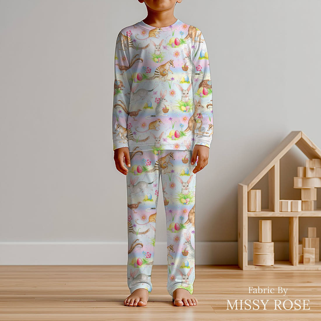 Design 134 Aussie Easter Fabric sewn into kids' pyjamas – see how the print looks made up | Fabric by Missy Rose