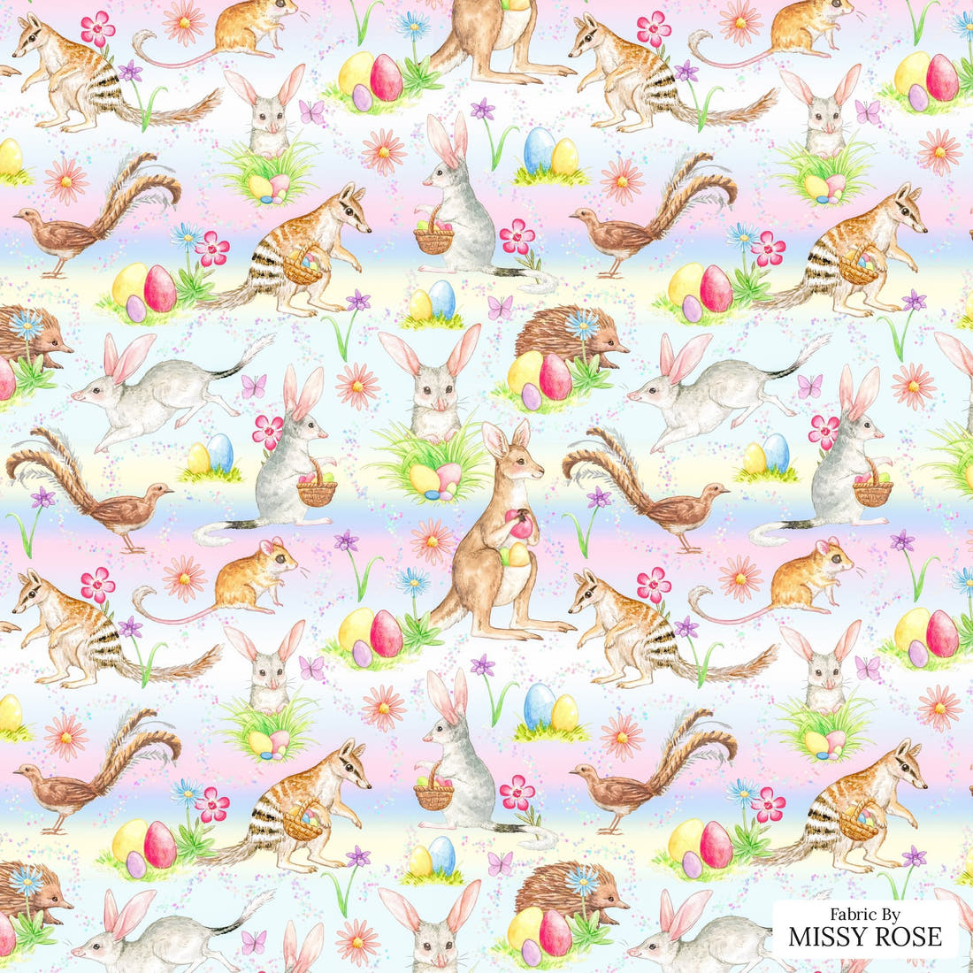 Design 134 Aussie Easter Fabric - flat view of the print, zoom in for detail | Fabric by Missy Rose