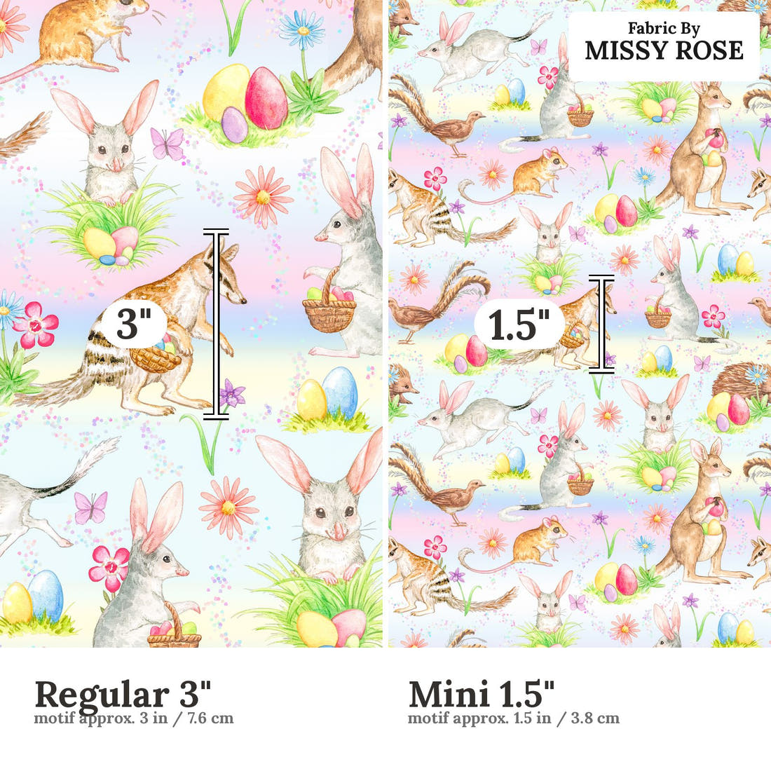 Design 134 Aussie Easter Fabric size comparison - print scale | Fabric by Missy Rose