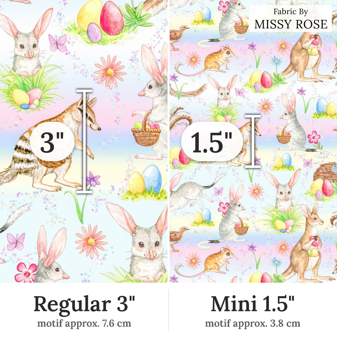 Design 134 Aussie Easter Fabric Regular 3 inch vs Mini 1.5 inch print scale side by side | Fabric by Missy Rose