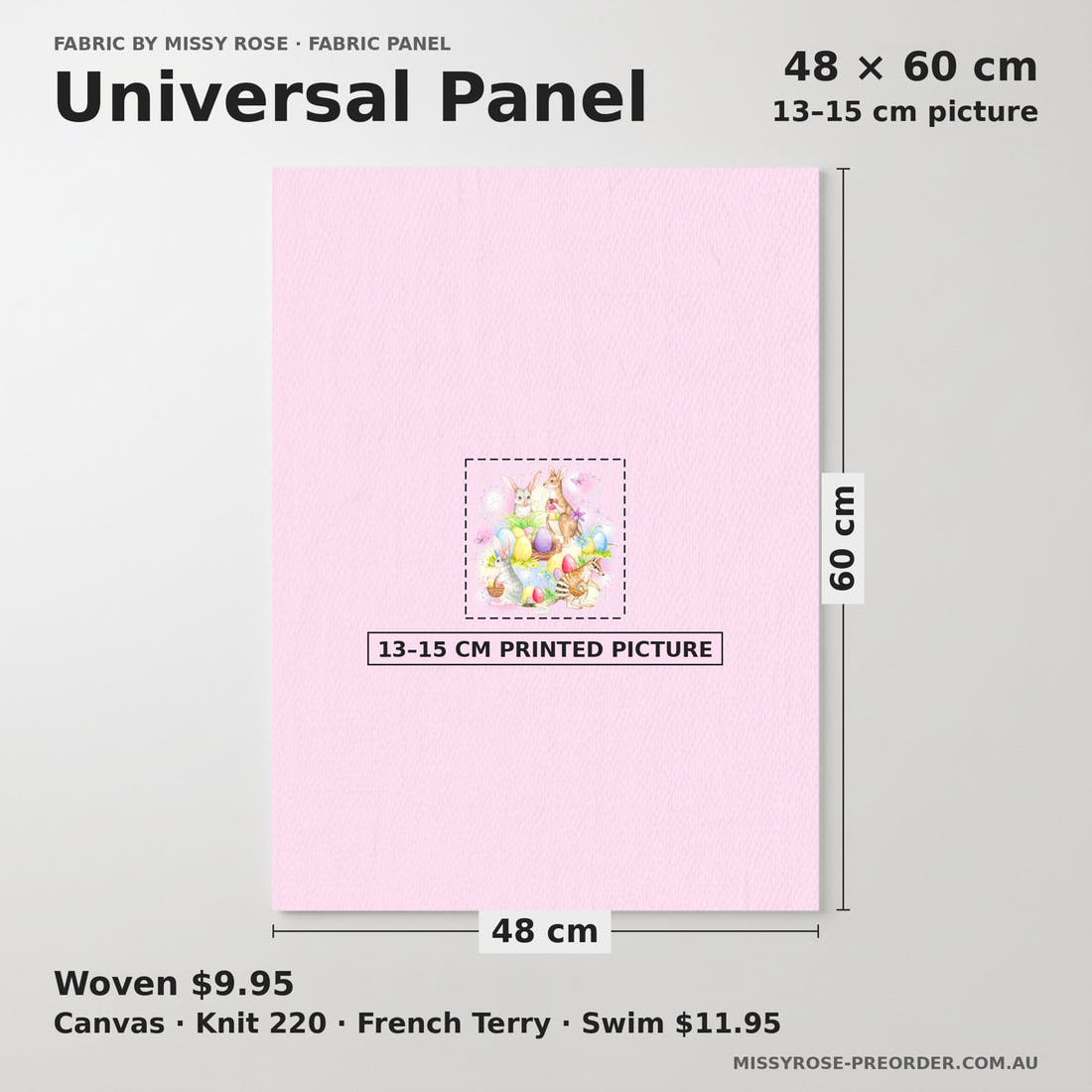 Design 134 Aussie Easter Panel universal panel sizing – 13–15 cm printed picture on 48 × 60 cm fabric | Fabric by Missy Rose