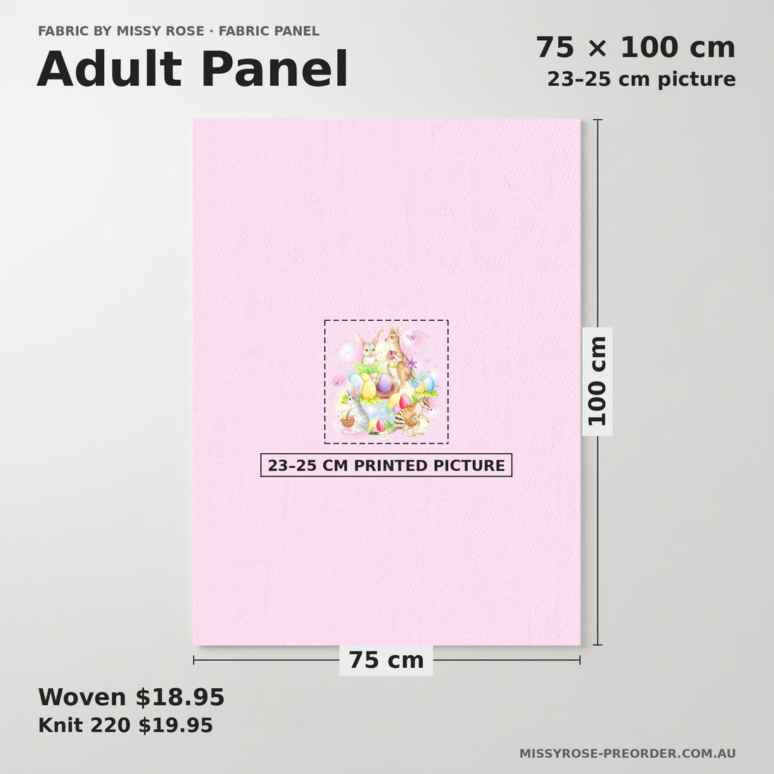 Design 134 Aussie Easter Panel adult panel sizing – 23–25 cm printed picture on 75 × 100 cm fabric | Fabric by Missy Rose