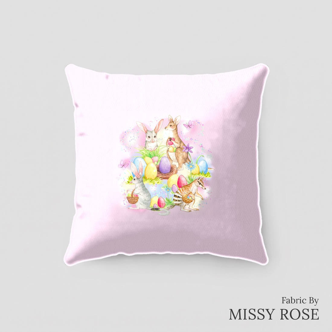 Design 134 Aussie Easter Panel sewn into a cushion – see how the panel looks made up | Fabric by Missy Rose