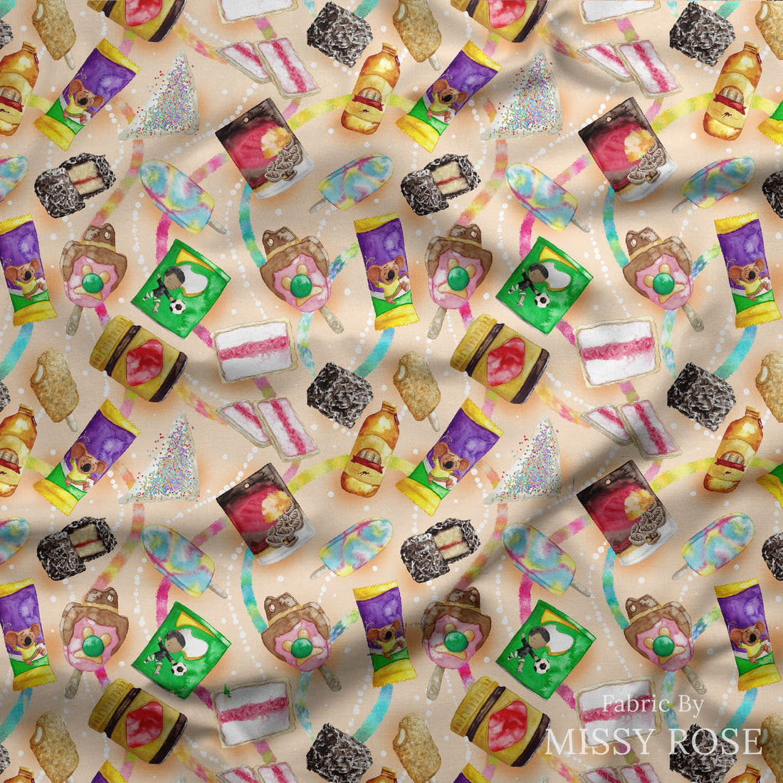 Design 135 Australian Foods Fabric draped fabric mockup – custom printed fabric by the metre | Fabric by Missy Rose