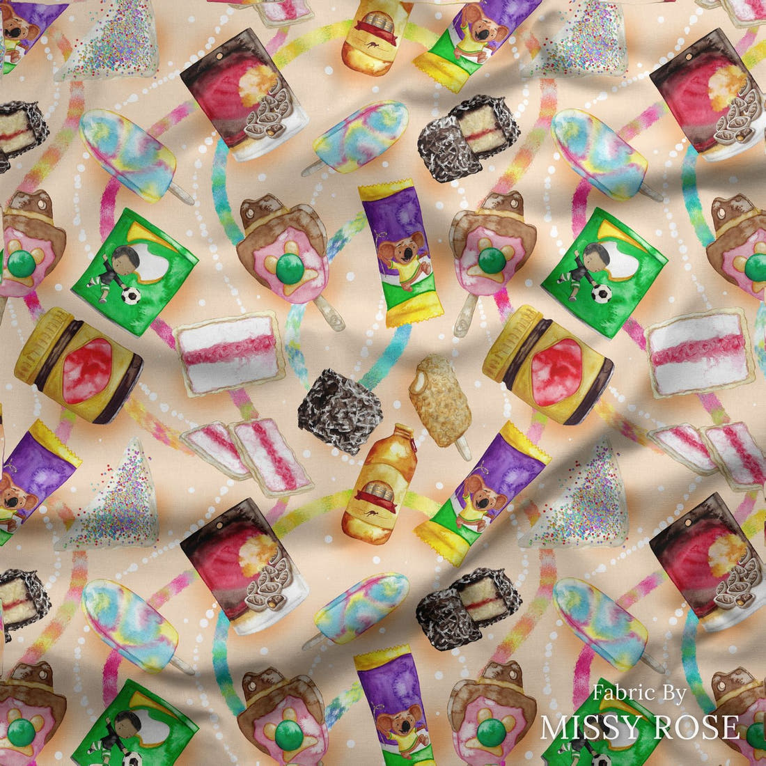 Design 135 Australian Foods Fabric draped fabric mockup – custom printed fabric by the metre | Fabric by Missy Rose