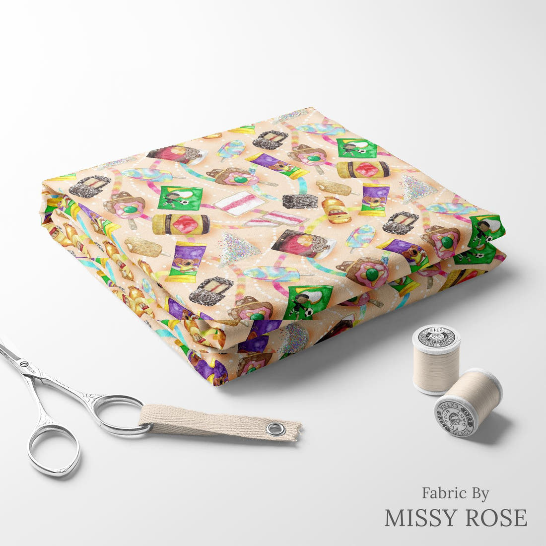 Design 135 Australian Foods Fabric folded fabric stack with matching thread – pre-order fabric Australia | Fabric by Missy Rose