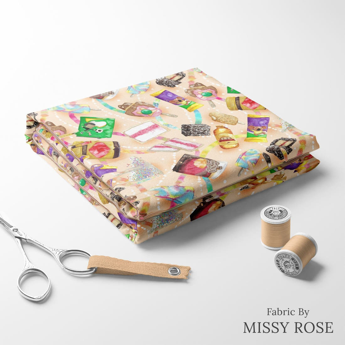 Design 135 Australian Foods Fabric folded fabric stack with matching thread – pre-order fabric Australia | Fabric by Missy Rose