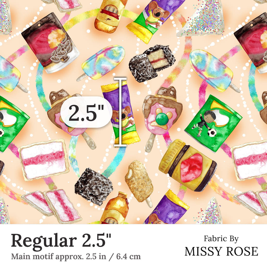 Design 135 Australian Foods Fabric Regular 2.5 inch print scale guide | Fabric by Missy Rose