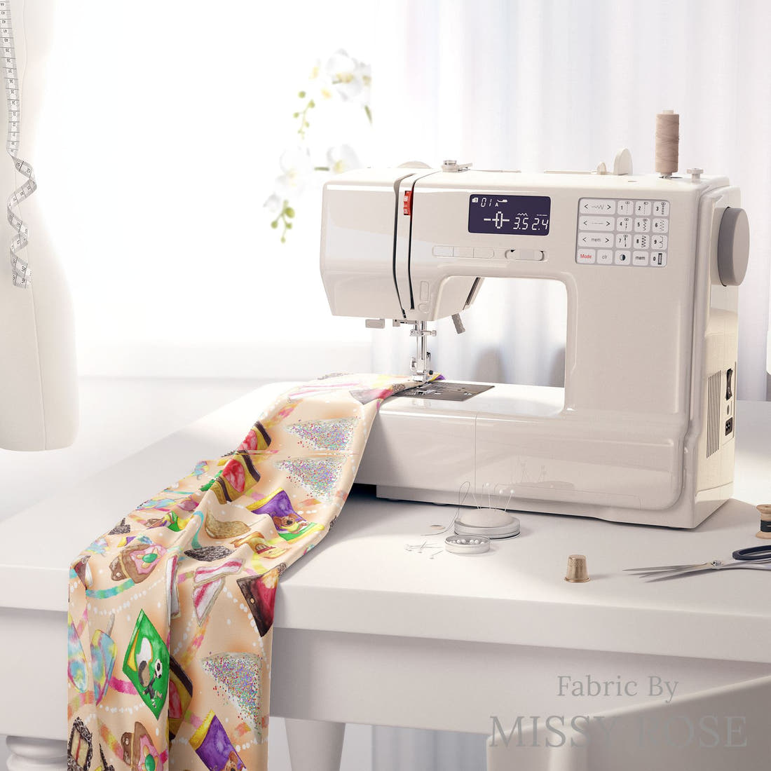 Design 135 Australian Foods Fabric on a sewing machine – premium fabric for sewing projects | Fabric by Missy Rose
