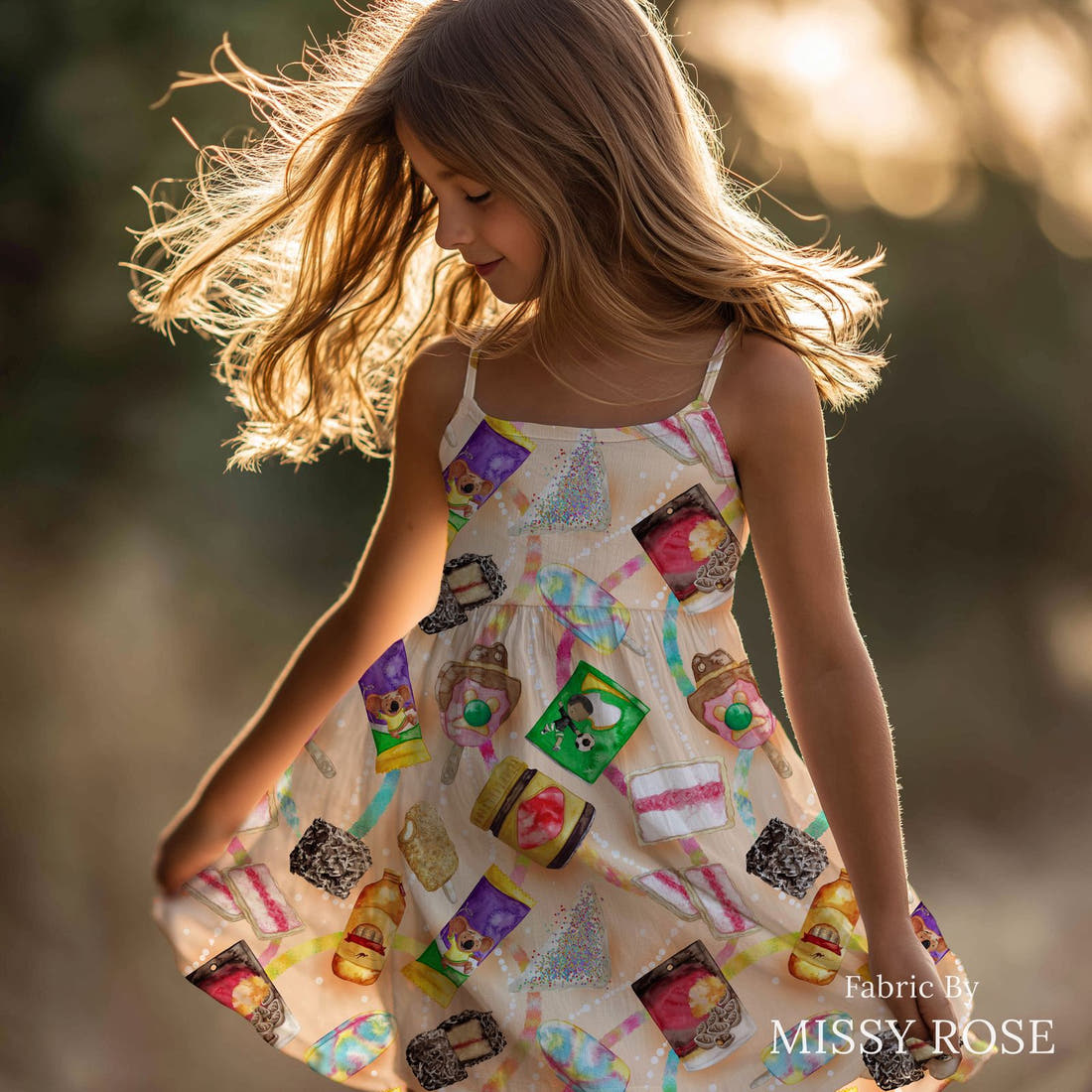 Design 135 Australian Foods Fabric sewn into a girls' dress – see how the print looks made up | Fabric by Missy Rose