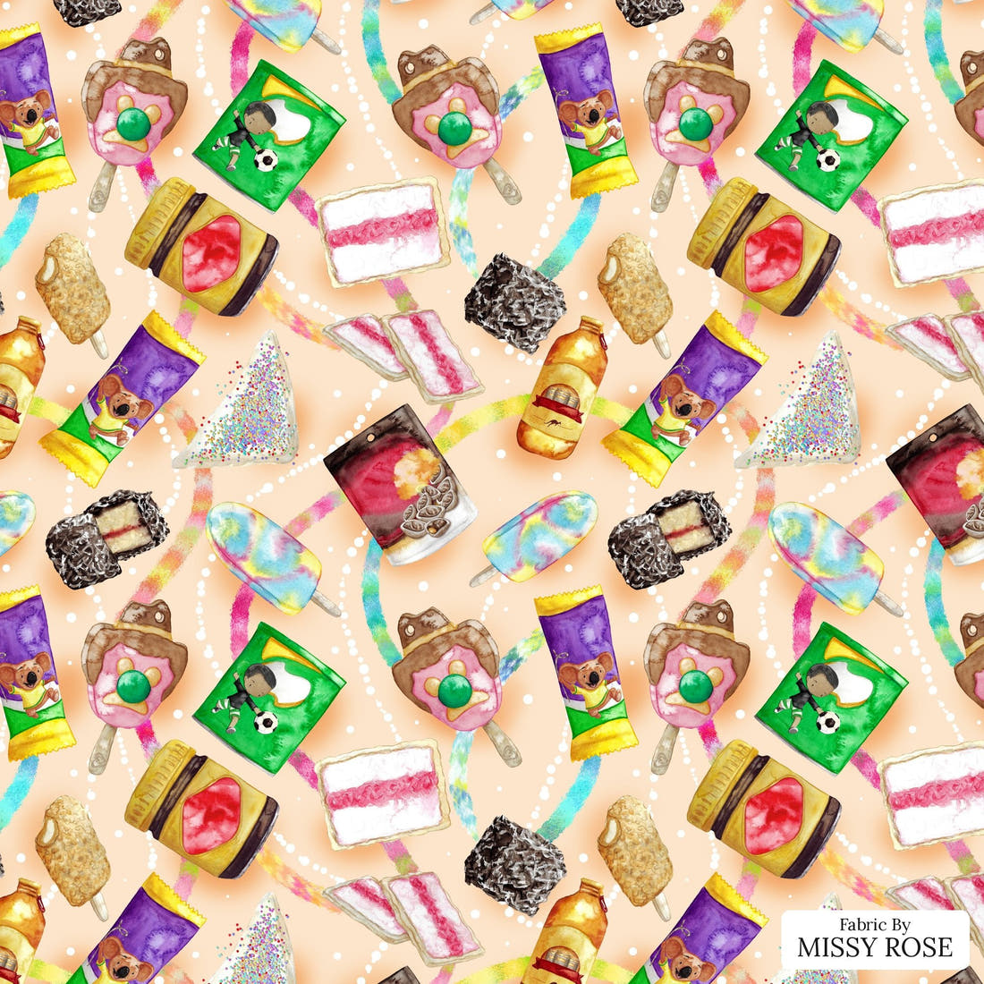 Design 135 Australian Foods Fabric - flat view of the print, zoom in for detail | Fabric by Missy Rose
