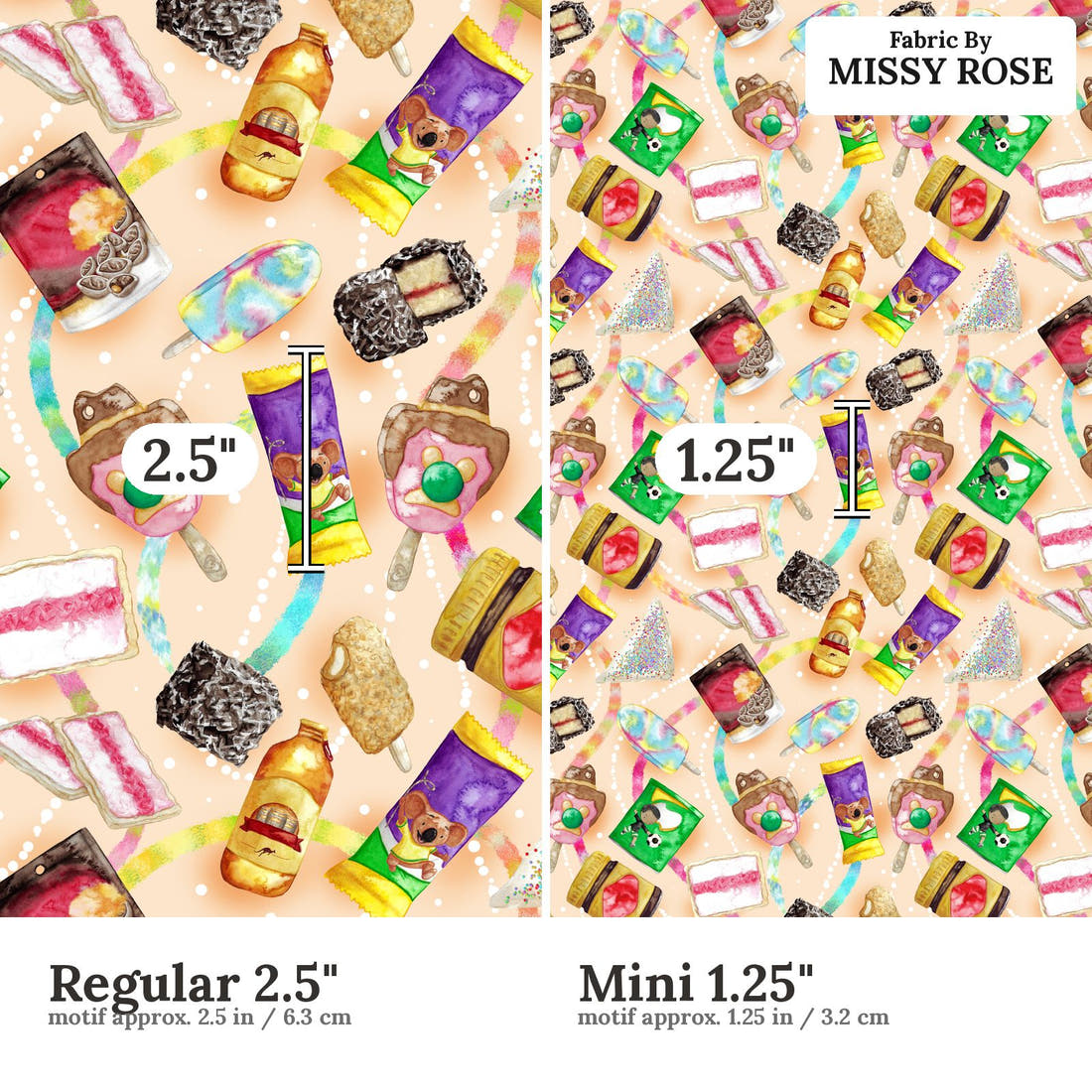 Design 135 Australian Foods Fabric size comparison - print scale | Fabric by Missy Rose