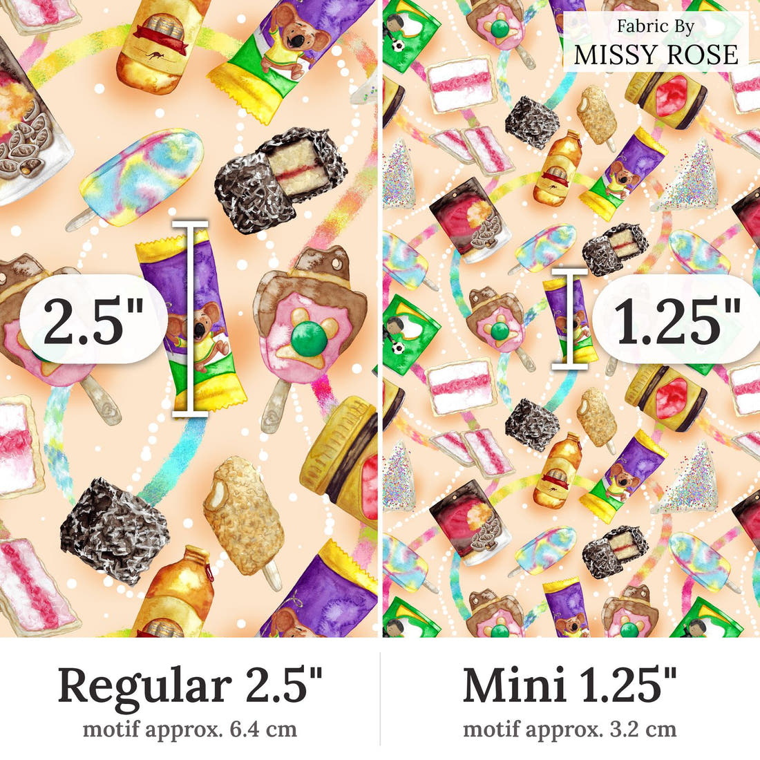 Design 135 Australian Foods Fabric Regular 2.5 inch vs Mini 1.25 inch print scale side by side | Fabric by Missy Rose