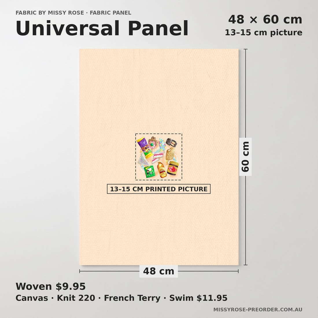 Design 135 Australian Foods Panel universal panel sizing – 13–15 cm printed picture on 48 × 60 cm fabric | Fabric by Missy Rose