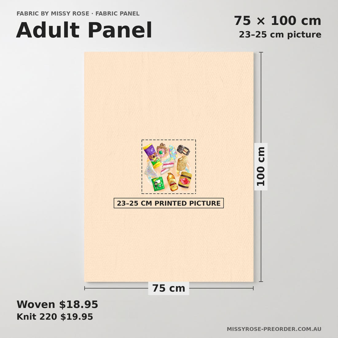 Design 135 Australian Foods Panel adult panel sizing – 23–25 cm printed picture on 75 × 100 cm fabric | Fabric by Missy Rose