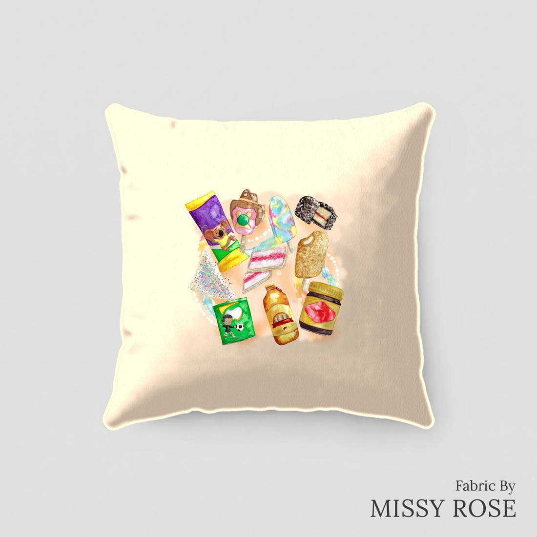 Design 135 Australian Foods Panel sewn into a cushion – see how the panel looks made up | Fabric by Missy Rose