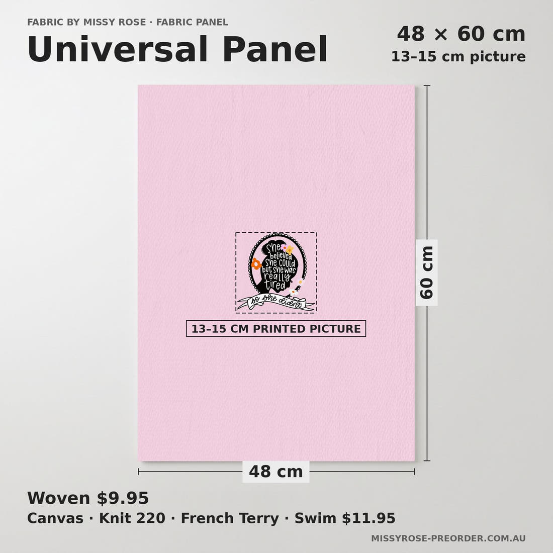 Design 136 Tired Panel universal panel sizing – 13–15 cm printed picture on 48 × 60 cm fabric | Fabric by Missy Rose